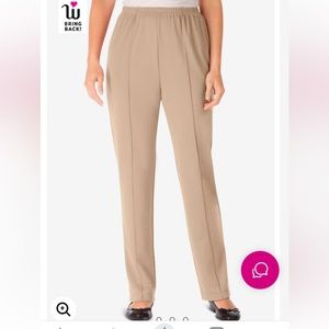 Woman within tan stretchy dress pants